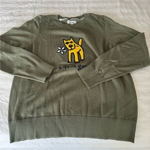 Life Is Good Women’s Green Crewneck Sweater with Dog Design